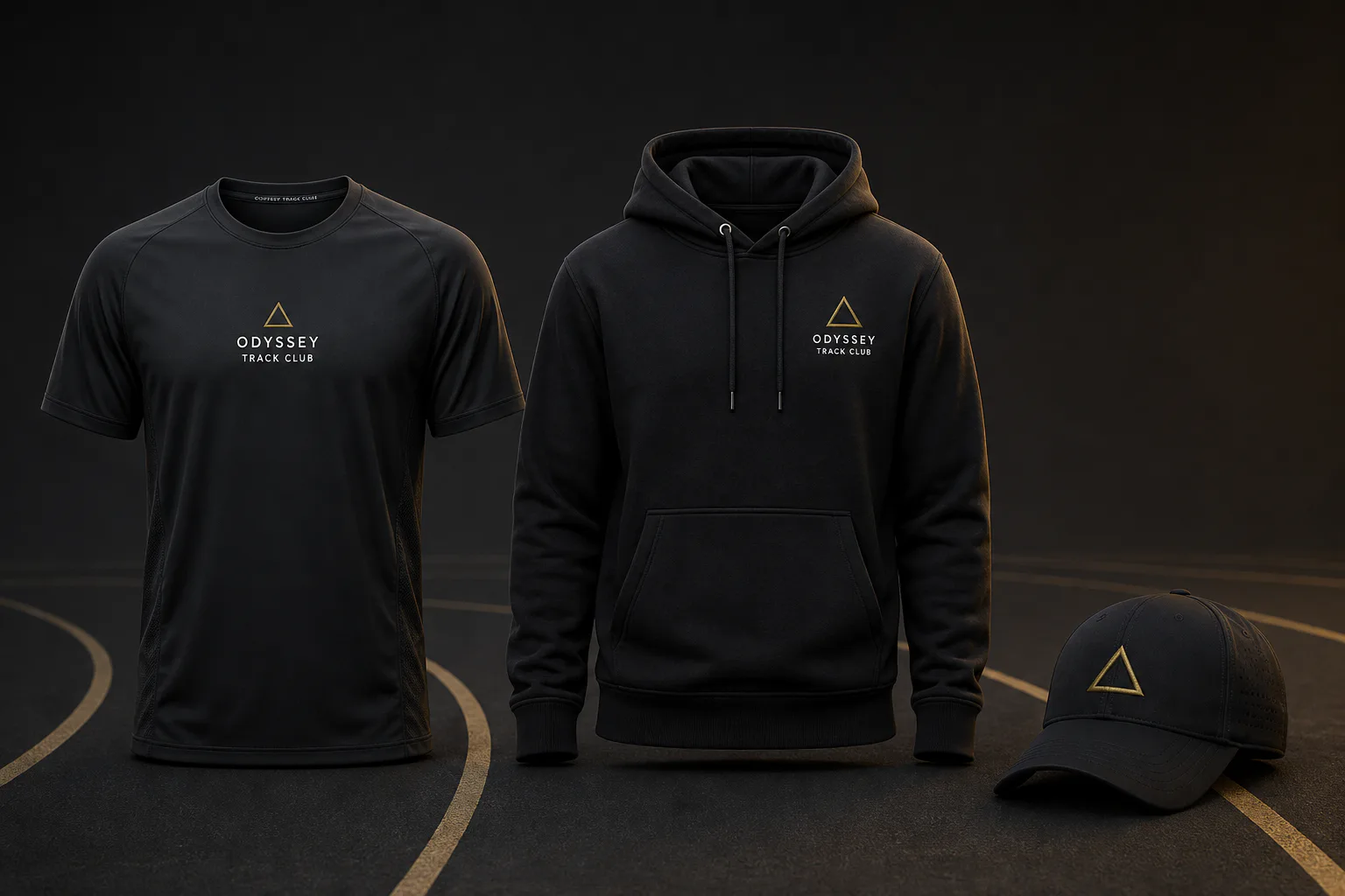 Concept presentation of an Odyssey performance tee, hoodie, and cap